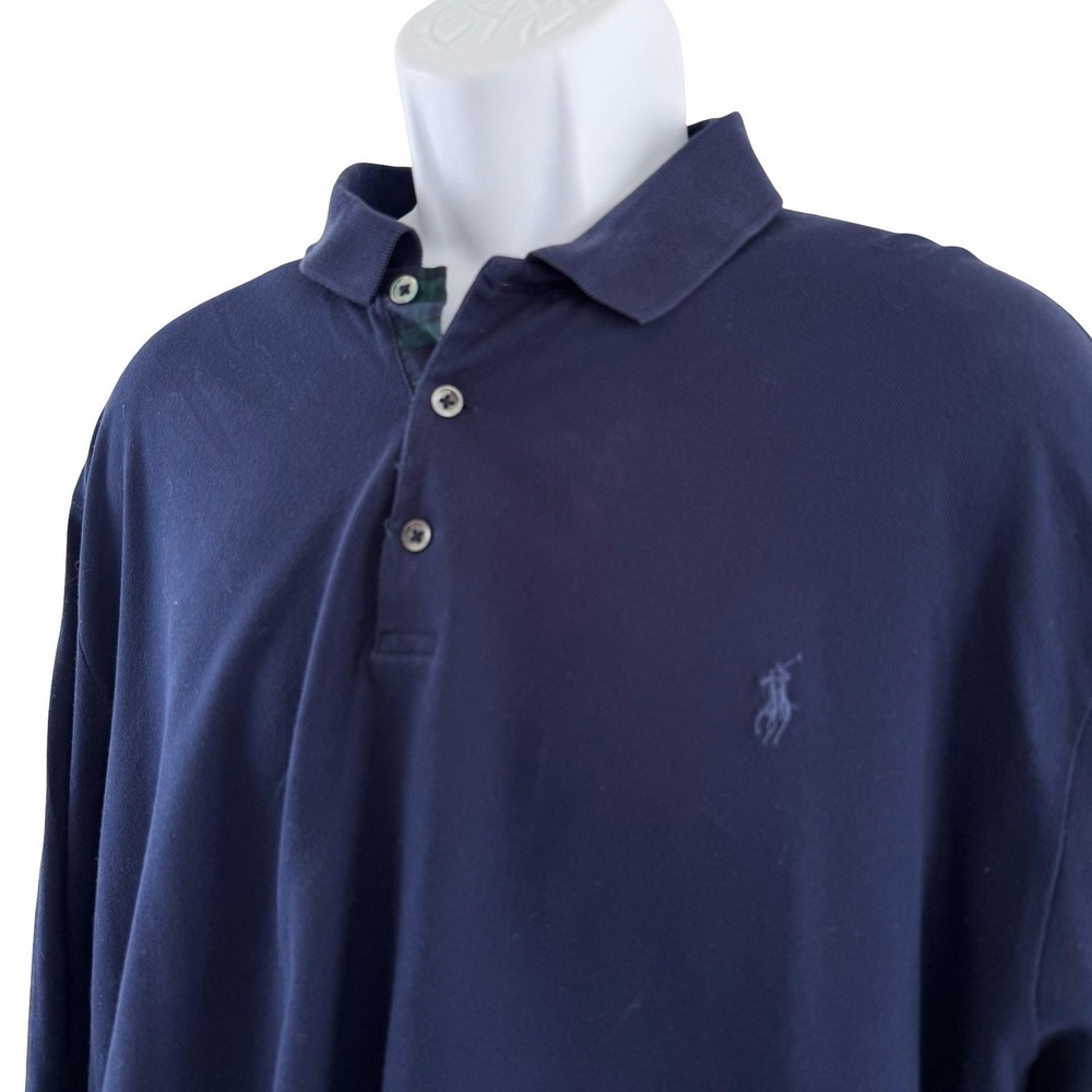 Polo Ralph Lauren Polo Shirt Mens 2XL Blue Slim Fit Pique Long Tartan Trim Prep